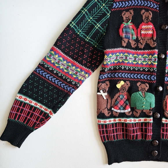 Vintage 1992 Susan Bristol Hand Knit Bear Pattern Colorful Cardigan Sweater Sz S - Picture 5 of 15